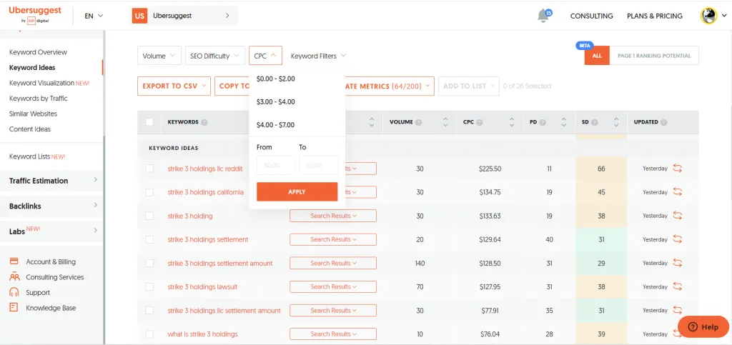 052223 Ubersuggest Strike 3 Holdings LLC Cost Per Click VARIOUS KEYWORDS
